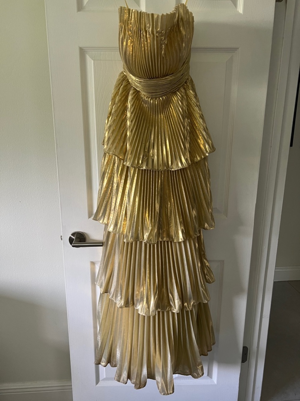 Mac Duggal Gold Metallic Pleated Tiered Maxi Gown - Picture 3 of 4